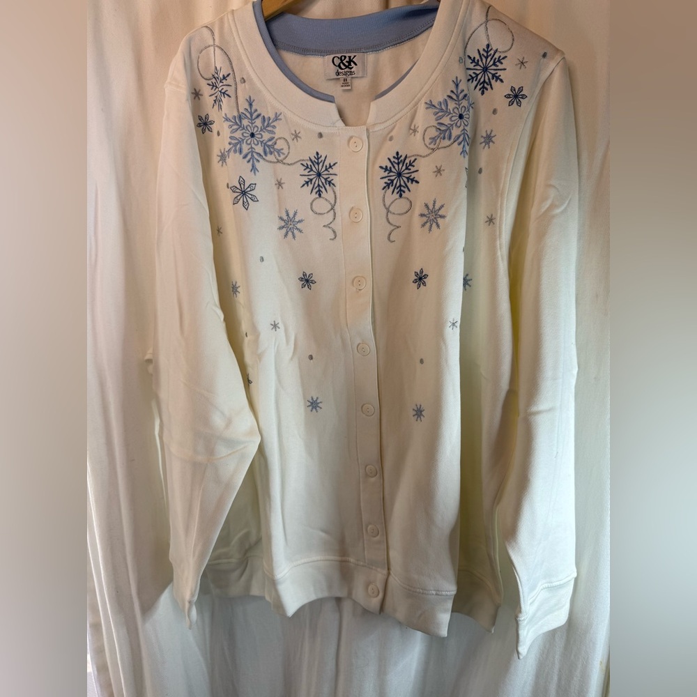 C&K Designs Cream Cardigan with Blue Snowflake Embroidery
